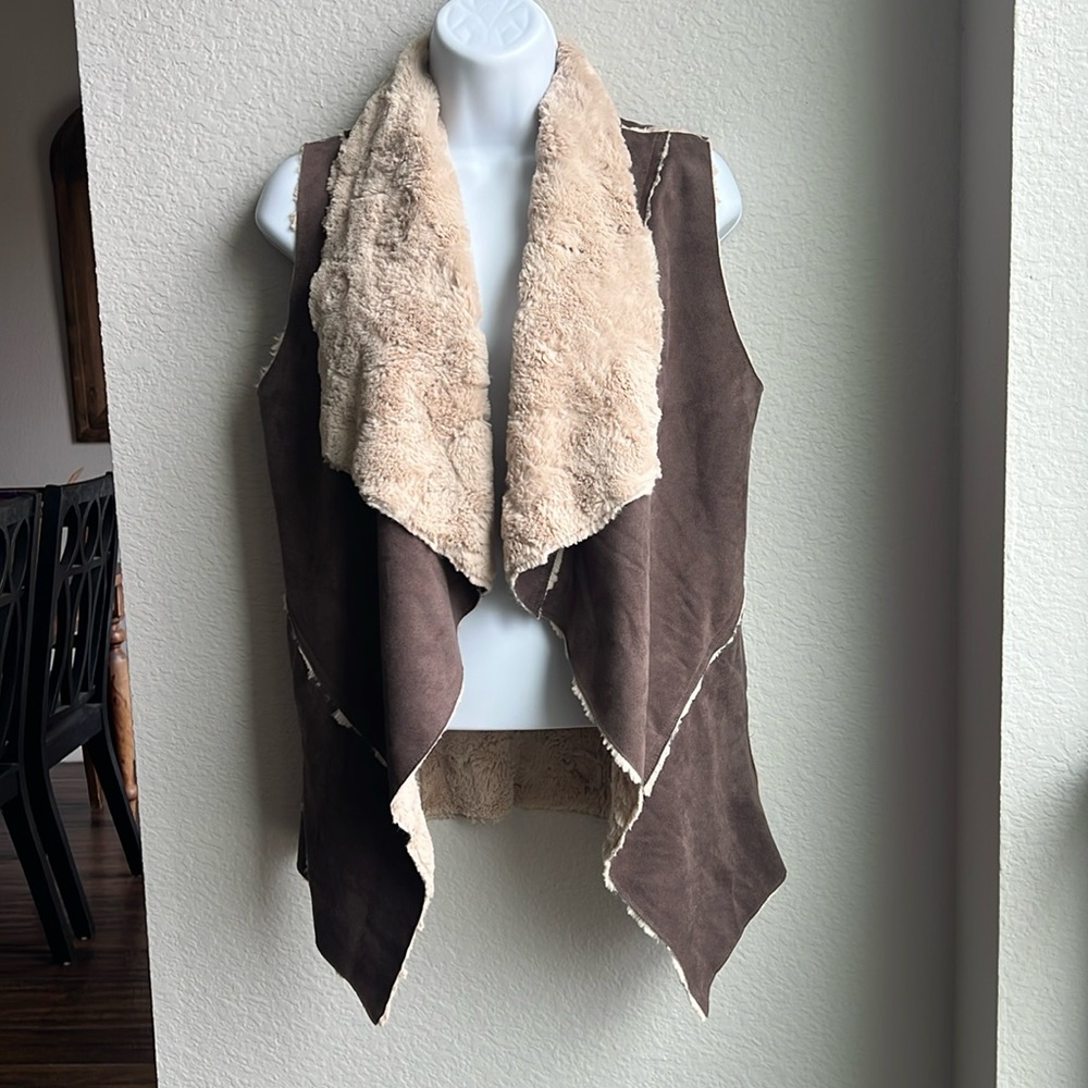 Double Zero Faux Leather Boho Open Front Vest Faux Shearing Lined Brown Size S